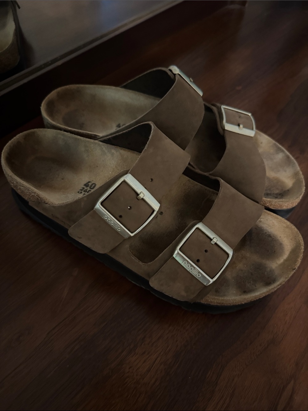 Birkenstock Papillio Brown Double Strap Suede Sandals with Silver Buckles